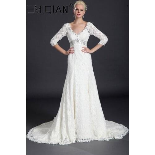 Lace Wedding Dress, 3/4 Sleeves V-Neck Beaded Wedding Gowns, Plus Size Bride Dress vestido de noivas