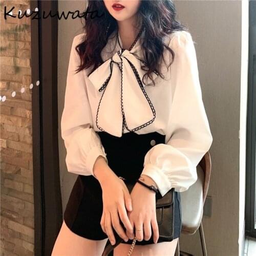 Kuzuwata Autumn Chic Bow Drawstring Stand Collar Shirt Fashion 2021 All-match Femme Blusas Solid Color Elegant Women Blouses