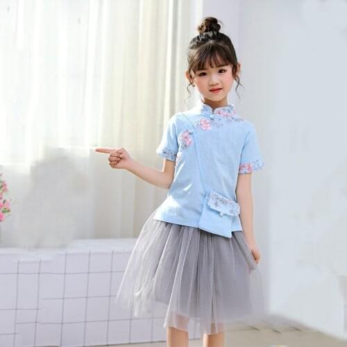 Summer Girls Hanfu Cheongsam Set Chinese Style Girl cheongsam tops Costume Short Sleeve Net Gauze Tutu Skirt Cute Girl Clothes