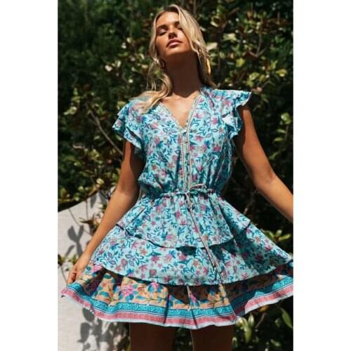 2020 Summer Hippie Floral Printed Mini Sleeve Short Sleeve V Neck Vintage Vestidos Beach Boho Casual Clothes Sexy Women Dresses