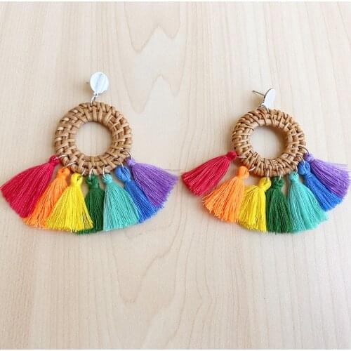 LGTB Pride Rainbow Fan Fringe Rattan Weaving Dangle Drop Earrings for Women Fashion Trendy Jewelry Outdoor Gift