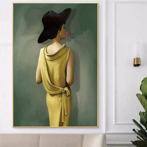 Fashion Yellow Dress Woman Green Background Canvas Painting Wall Art Picture Poster Printing Bedroom Home Decoration
