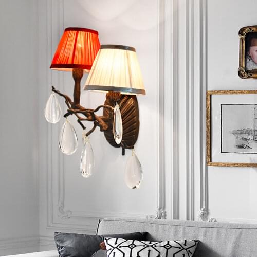 American style copper branch wall lamp crystal bedroom light luxury living room cloth lamp shade lamp villa sample room lamps