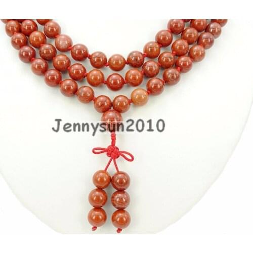 Natural Red Ja-sper 10mm Gems Stone Buddhist 108 Beads Prayer Mala Knot Necklace Multi-Purpose 5Strands/Pack