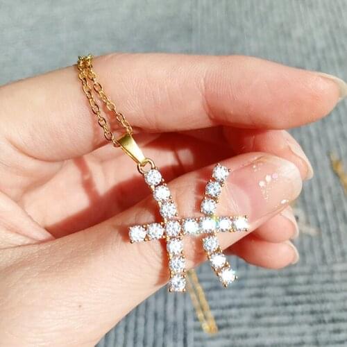 Zircon Crystal Zodiac Alphabet Necklace European Twelve Constellation Necklaces Gold Stainless Steel Chain Jewelry For Women