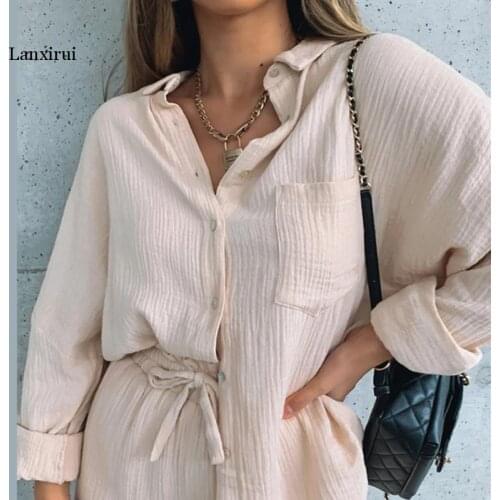 Casual Sporty Two Pieces Sets Women Solid Long Sleeve Blouse And Drawstring Biker Shorts Outfits High Street Tracksiuts