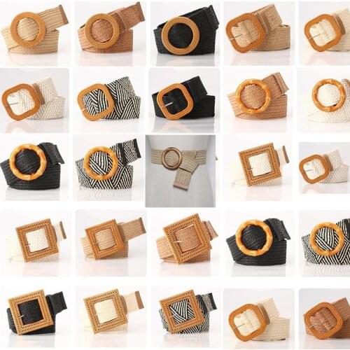 Fashion Design Round Wooden Buckle Dress Belt For Women Casual Braided Wide Strap Woven Elastic PP Straw Belts Decoration Gift