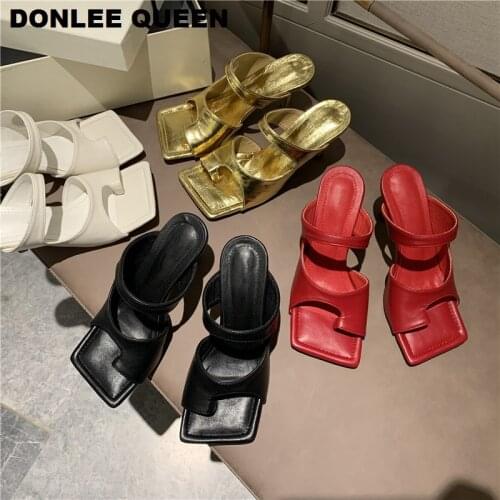 2020 Brand Square Toe Slippers Women Thin High Heels 9cm Sandals Elegant Mules Shoes Women Outdoor Slides For Party Dress Sandal