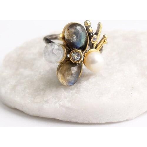 Light Green and White Pearl Zircon Gold Plated Womens Silver Ring, Woman 925Silver Zircon Handmade Ring,Colorful Oval Zircon