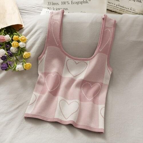 Printed Hearts Camisole Womens Slim Knitting Camis Crop Tops Female Plaid Sweet Tank Top Sleeveless Basic T shirts