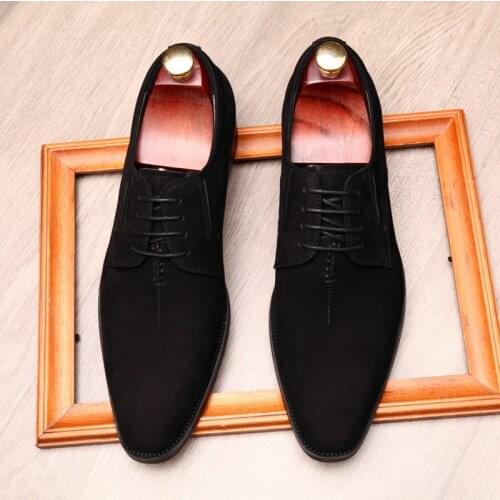 Italian Suede Mens Formal Shoes Genuine Leather Oxford Dress Flock Brown Black Lace Up Shoes Wedding Office Business Mens Shoe
