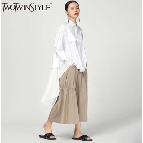 TWOTWINSTYLE White Shirts For Women Lapel Long Sleeve Loose Asymmetrical Hem Ruffles Blouses Female 2021 Spring Clothing Style