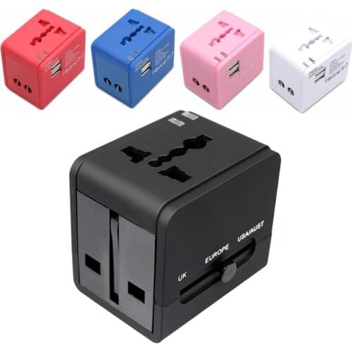 New Universal 2.1A Dual USB travel Adapter plug EU US AU UK Multifunction Convert plug adaptor Fused USB charger White Pink Blue