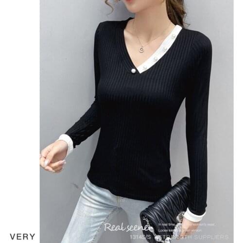 V-neck Beading T Shirt Women Korean Clothes 2020 Winter Womens Long Sleeve Tops T-Shirt Woman Clothes Cotton Tee Shirt Femme