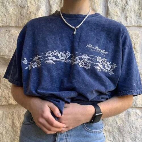 Vintage Blue Hawaiian Letter Printing T Shirts Cotton O-neck High Fashion Graphic Tee Summer Plus Size Tops Korean Woman Tshirts