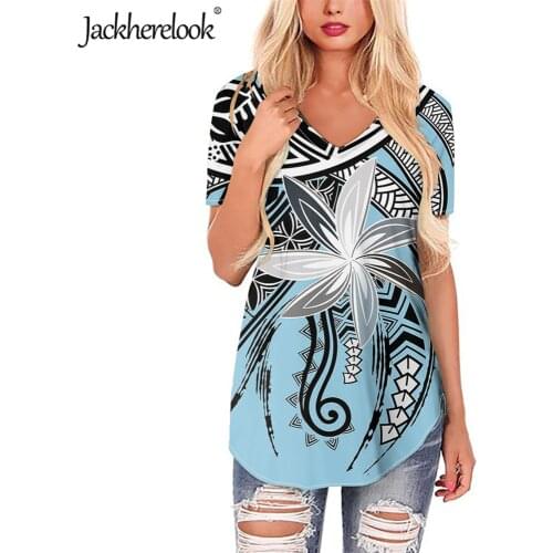 Jackherelook Women Short Sleeve Blouse Blue Hibiscus Polynesian Tribal Design Casual Loose V-neck Tops Shirts for Teen Girls