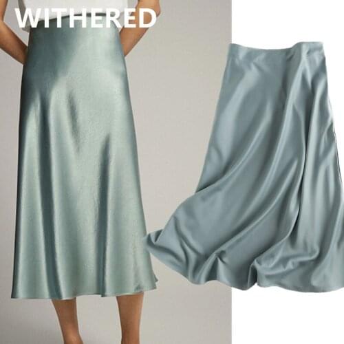 Jenny&Dave Long Skirt Women Summer Faldas Mujer Moda Midi Skirts Womens England Office Lady Satin High Waist Simple Elegant
