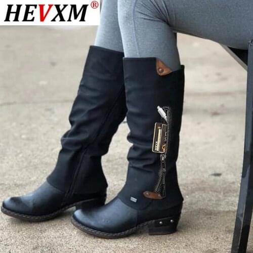 2020 Women Boots Autumn Winter Long Mid Zipper Solid Boots Round Toe Low Heel Snow Warm womens Boots work female shoes