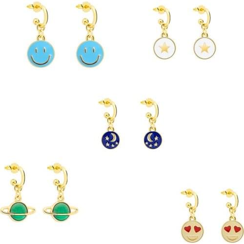 Canner Round 925 Sterling Stud Earring For Women Moon Star Smiley Pendientes Plata 925 Piercing Fashion Jewelry Accessories