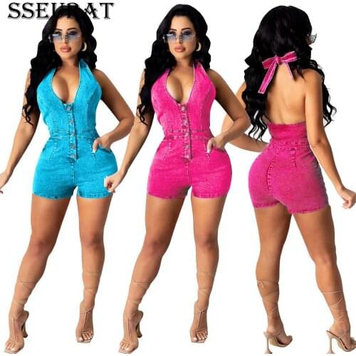 SSEURAT Summer Women Denim Rompers Halter V-neck Open Back Sleeveless Playsuit Beach Holiday Outfits Jeans Overalls