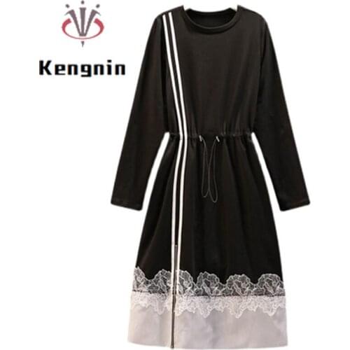 Autumn Office Lady Work Sashes Black Dress Loose 5XL Oversize Hoodies Patchwork Lace Women Dress Robe Female Clothing KE1875
