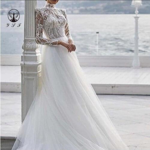 2022 Fariy Wedding Dresses High Collar Beaded Lace Long Sleeve A Line Tulle Robe De Mariee