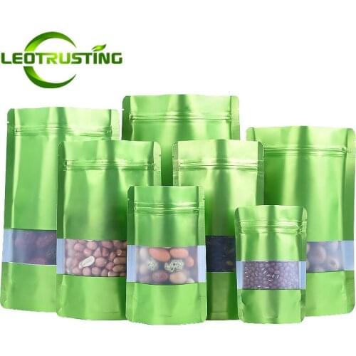 100pcs Stand up Matte Green Aluminum Foil Window Zip Lock Pouches Jewelry Hardware Buttery Capsule T-shirt Gifts Packaging Bags