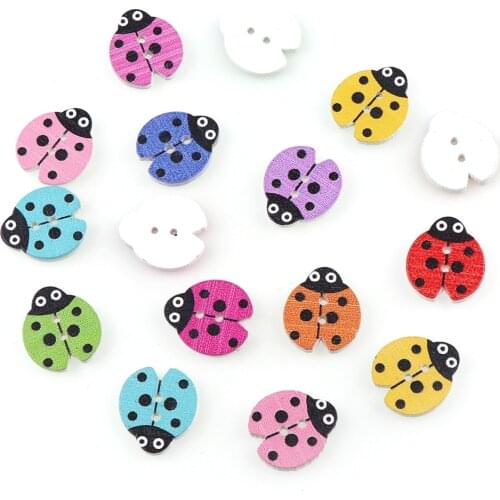 50PC 16x18mm Mixed Color 2 Holes Decorative Buttons Lovely Ladybug Cartoon Animals Wood Buttons Sewing Scrapbooking