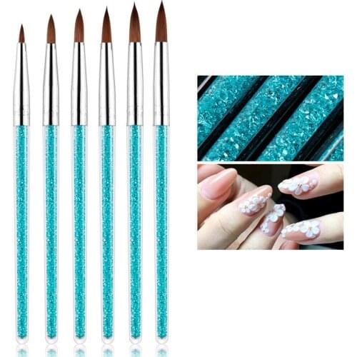 6 Sizes Nail Art Brush Set Carving Pen Blue Acrylic Crystal Handle for UV Gel Drawing Design Flower Decoration
