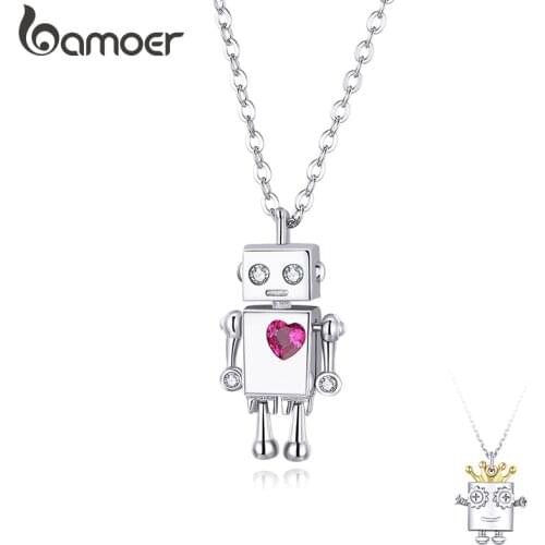 Bamoer Valentines Day Series 925 Sterling Silver Robot Lover Couple Pendant Necklace Corwn and Heart Jewelry 2020 New SCN387