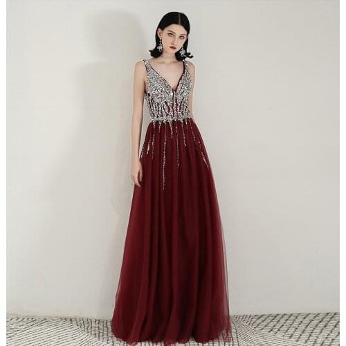 Luxury Burgundy Evening Dresses A-Line V-Neck Shiny Sequins Beads Sleeveless Ceremony Cocktail Formal Party Guest Prom Gowns New