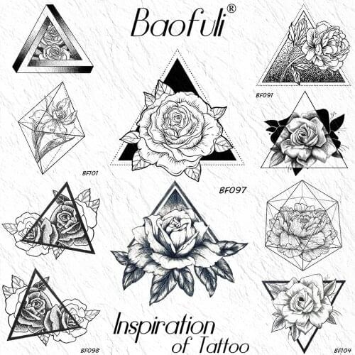 Geometric Rose Triangle Temporary Tattoos Sticker Peony Flower Leaves Black Fake Tatoo Draw Body Art Waterproof Arm Neck Tattoos