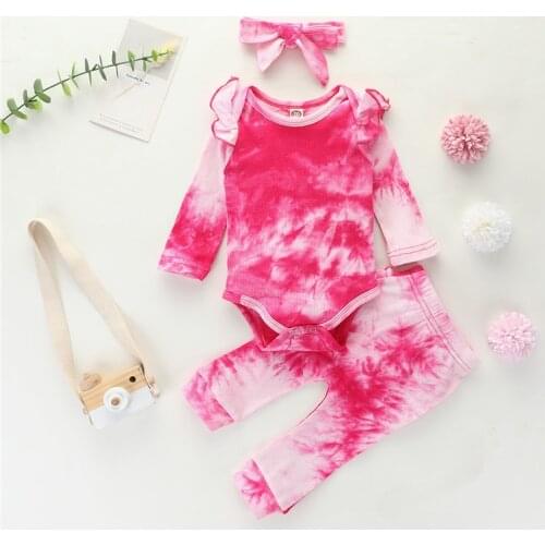 Infant Baby Girls Autumn Clothing Set Tie Dye Print Long Sleeve Ribbed Knitted Ruffle Cotton Rompers Tops Pants Headband Clothes
