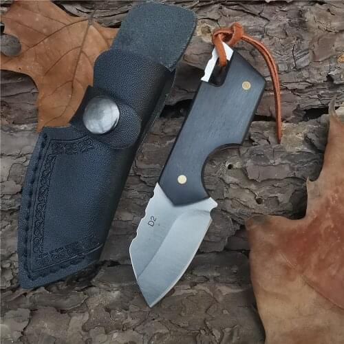 Outdoor Tactical Camping Hunting Survival Pocket Fixed Blade Knife Wood Handle D2 Sharp Blade Straight Knives + Leather Case