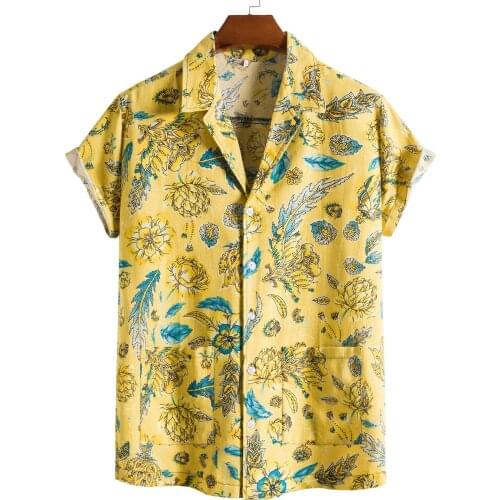 2021 New Mens Stand Collar Short Sleeve Shirt Ethnic Beach Series Printed Shirt