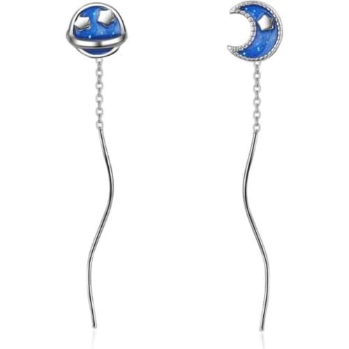 New Fashion Long Tassel Blue Planet 925 Sterling Silver Jewelry Asymmetry Moon And Star Drop Glaze Dangle Earrings SE469
