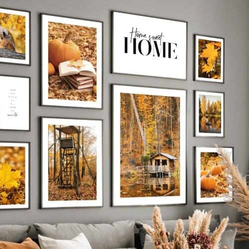 Autumn Forest Wood Cabin Pumpkin Squirrel Nordic Posters And Prints Wall Art Canvas Painting Wall Pictures For Living Room Decor