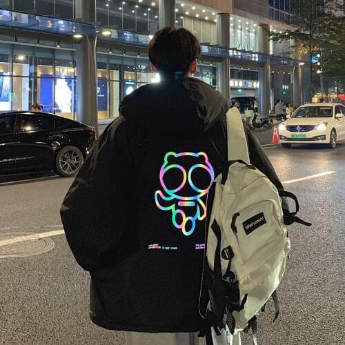 Winter Mens Thick Warm Parkas Hooded Coat Reflective Cartoon Pattern Back Loose Casual Outwear Black Gray Beige K43
