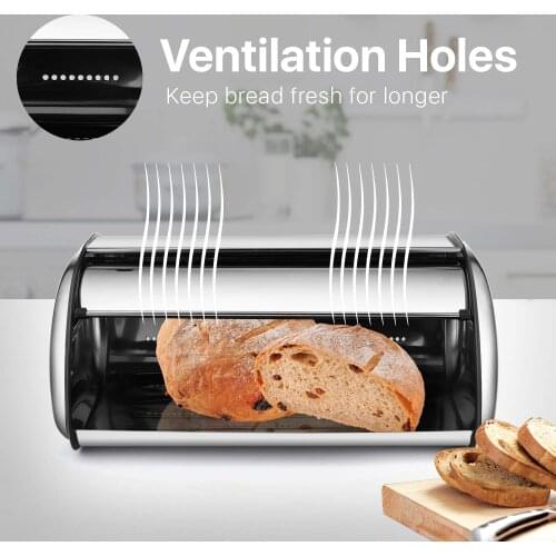 Stainless Steel Bread Box Holder Metal Roll Up Top Lid Bread Container Storage Bin Keeper For Cake Cookies, Restaurants Kitchen