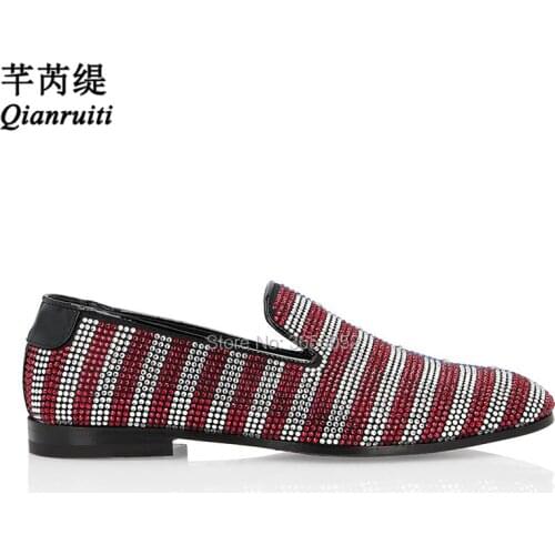 Qianruiti Mixed Color Striped Shining Diamond Studded Loafers Slip On Luxury Runway Rivet Shoes Flats Casual Wedding Shoes Men