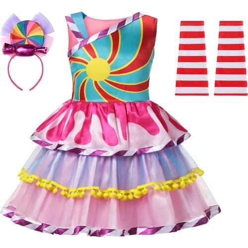 Rainbow Sweet Candy Fairy Girl Birthday Costume Kids Rainbow Lollipop Flower Bow Tutu Dress and Headband for Carnival Party