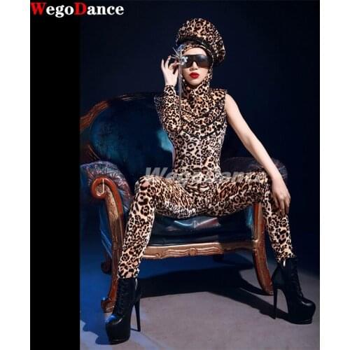 Sexy Topless Leopard Print Jumpsuit Party Nightclub Bar Concert DJ Gaga Singer Dancer Costume