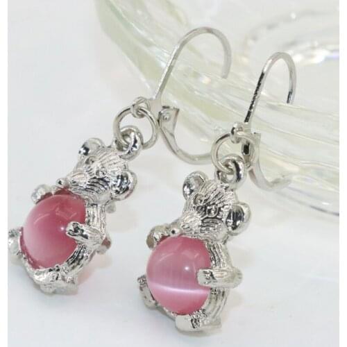 Special design pink cat'eye opal round beads inlay silver-color mouse drop dangle earrings for women fine jewelry 23*15mm B2665