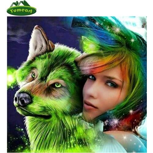 YUMEART Diamond Embroidery Wolf and Girl 5D Diy Diamond Painting Cross Stitch Diamond Mosaic Needlework Crafts Christmas Gift