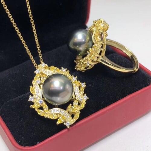 Fine Jewelry Pure 925 Sterling Silver Natural Ocean Tahiti Black Pearl 9-10mm Females Jewelry Sets for Women FIne Jewelry Sets