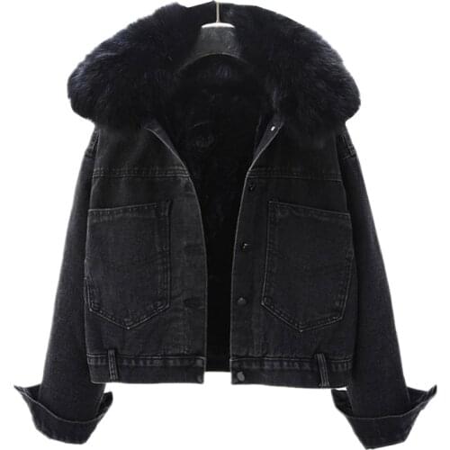 2021 Autumn Winter Short Denim Jacket Women Natural Fur Collar Plus Velvet Thick Cotton Clothes Loose Vintage Jeans Coat G741