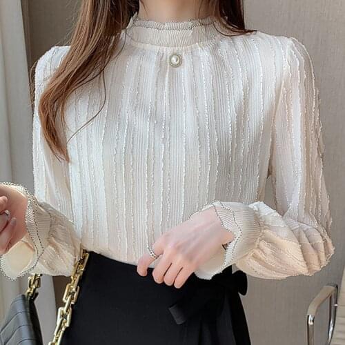 Long Sleeve Stand Collar Chiffon Blouse Shirt Blouse Women Blusas Mujer De Moda 2021 Women Clothing Female Tops Women Blusa E127