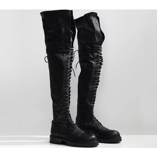 MUMANI Womans Over-the-knee boots Motorcycle boots 2021 New Genuine leather Basic zip Lace-up Punk Cross-tied Martin High Boots