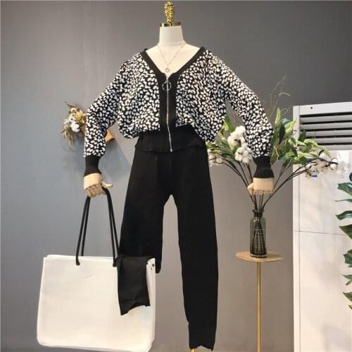 Amolapha Women Print Leopard Zipper Knitted Cardigans+Pants 2 Pieces Suits Woman Casual Knitting 2pcs Tracksuits