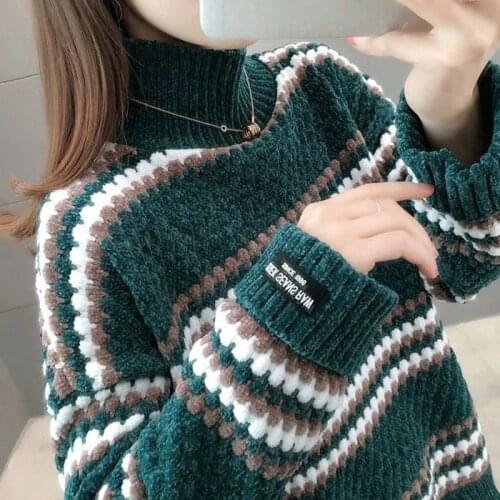Vintage Thicken Striped Women Sweaters Autumn Winter New Turtleneck Loose Pullovers Jumper Female Korean Knitted Tops femme 2021